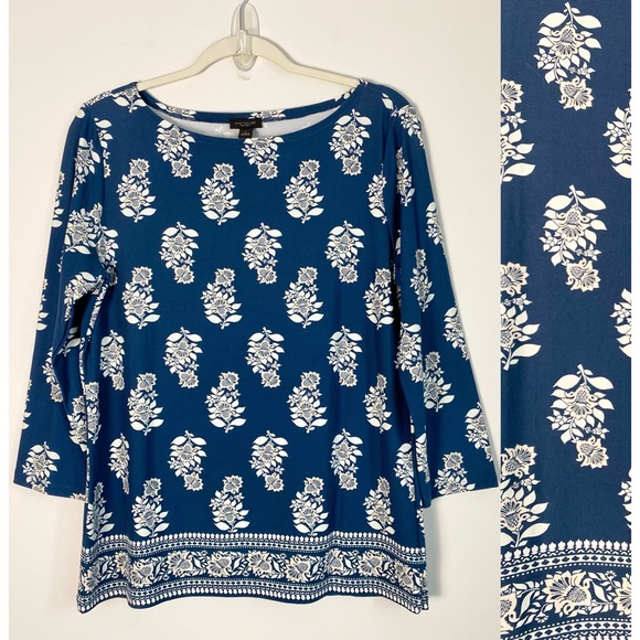 Ann Taylor 3/4 Sleeve Floral Blue Ivory Rayon Stretch Shirt Top Size Medium NWT - Picture 1 of 9